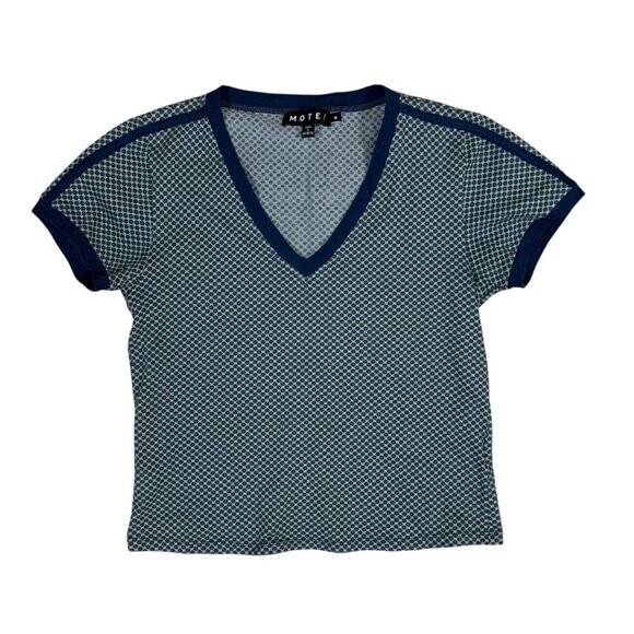 Motel Blue Dot Print Fitted V Neck Short Sleeve Stretch Top Medium Cropped - Picture 1 of 3